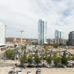 Residential towers and streetscape in Calgary's East Village