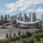 Stampede Park with the downtown Calgary skyline behind it