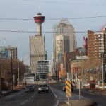 The Calgary Tower and downtown seen from the Inglewood bridge