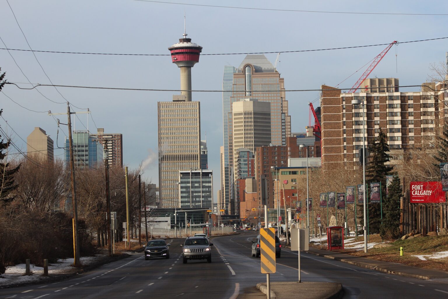 The Calgary Tower and downtown seen from the Inglewood bridge